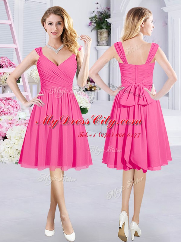 Hot Pink Dama Dress for Quinceanera Prom and Party and Wedding Party and For with Ruching and Belt Straps Sleeveless Zipper