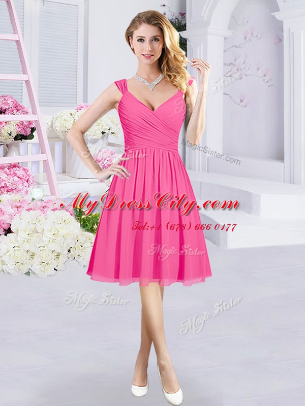 Hot Pink Dama Dress for Quinceanera Prom and Party and Wedding Party and For with Ruching and Belt Straps Sleeveless Zipper