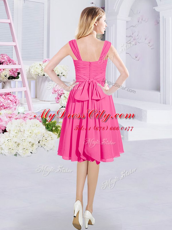 Hot Pink Dama Dress for Quinceanera Prom and Party and Wedding Party and For with Ruching and Belt Straps Sleeveless Zipper