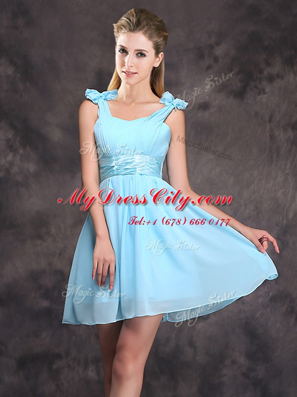 Exquisite Straps Sleeveless Mini Length Ruching and Bowknot Zipper Wedding Guest Dresses with Baby Blue