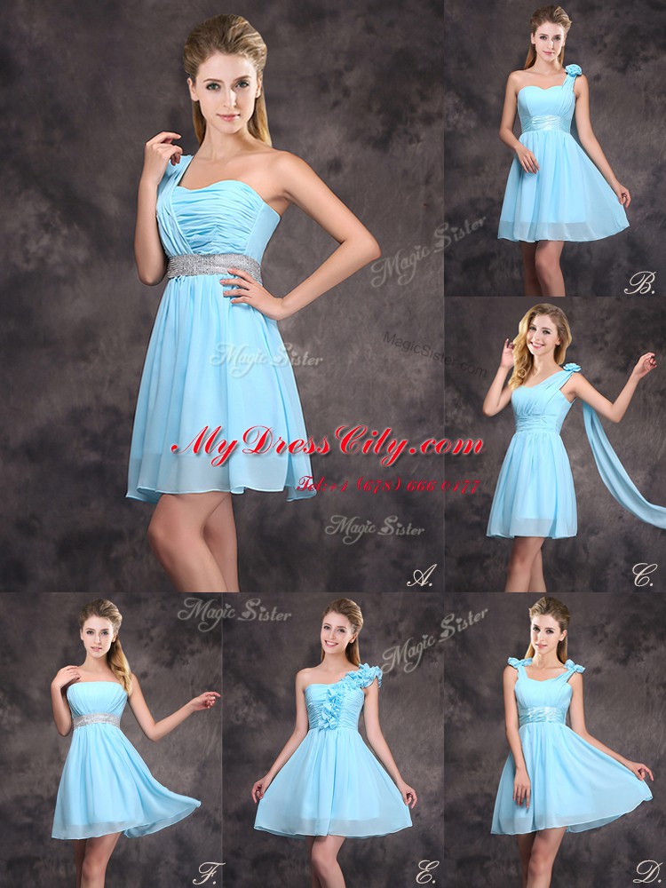 Exquisite Straps Sleeveless Mini Length Ruching and Bowknot Zipper Wedding Guest Dresses with Baby Blue