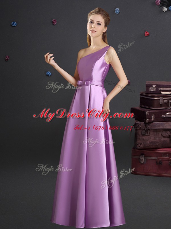 Dramatic One Shoulder Lilac Empire Bowknot Bridesmaid Gown Zipper Elastic Woven Satin Sleeveless Floor Length