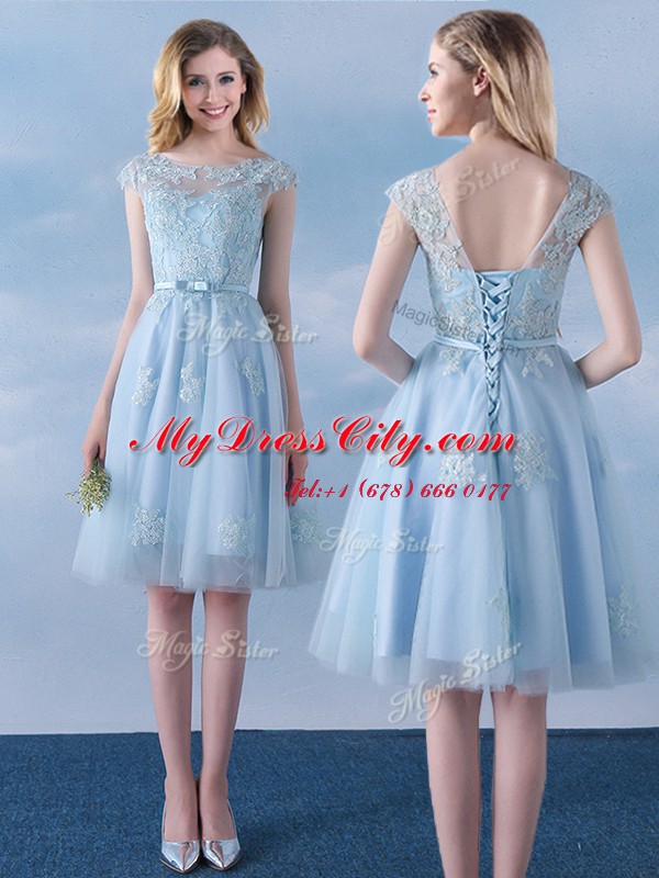 Light Blue Quinceanera Court Dresses Prom and Party and Wedding Party and For with Appliques and Belt Scoop Cap Sleeves Lace Up