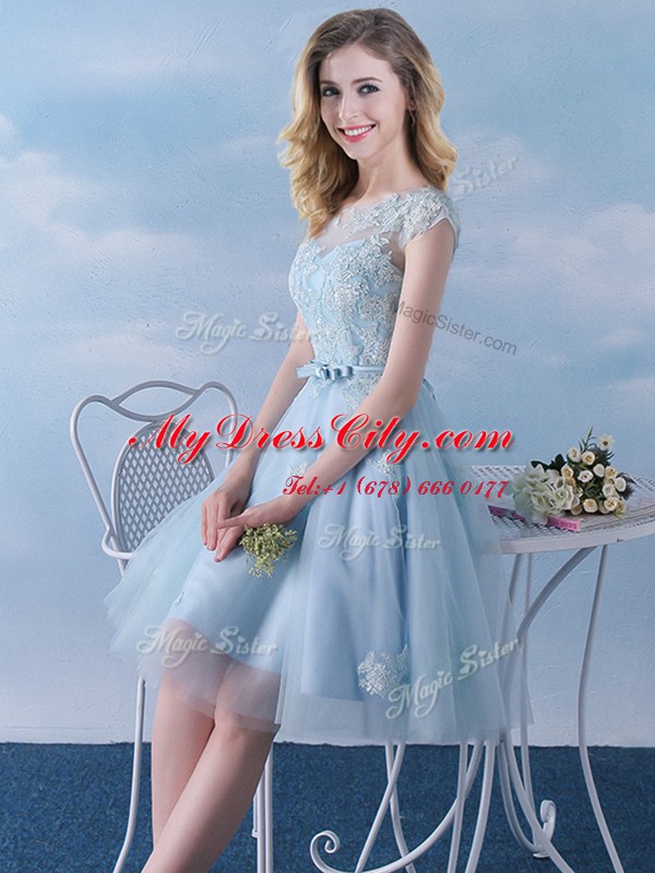 Light Blue Quinceanera Court Dresses Prom and Party and Wedding Party and For with Appliques and Belt Scoop Cap Sleeves Lace Up