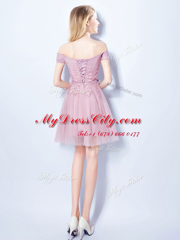 Attractive Off the Shoulder Sleeveless Tulle Mini Length Lace Up Dama Dress for Quinceanera in Pink with Appliques and Belt