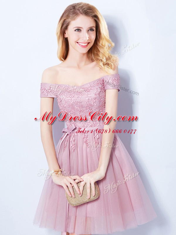 Attractive Off the Shoulder Sleeveless Tulle Mini Length Lace Up Dama Dress for Quinceanera in Pink with Appliques and Belt