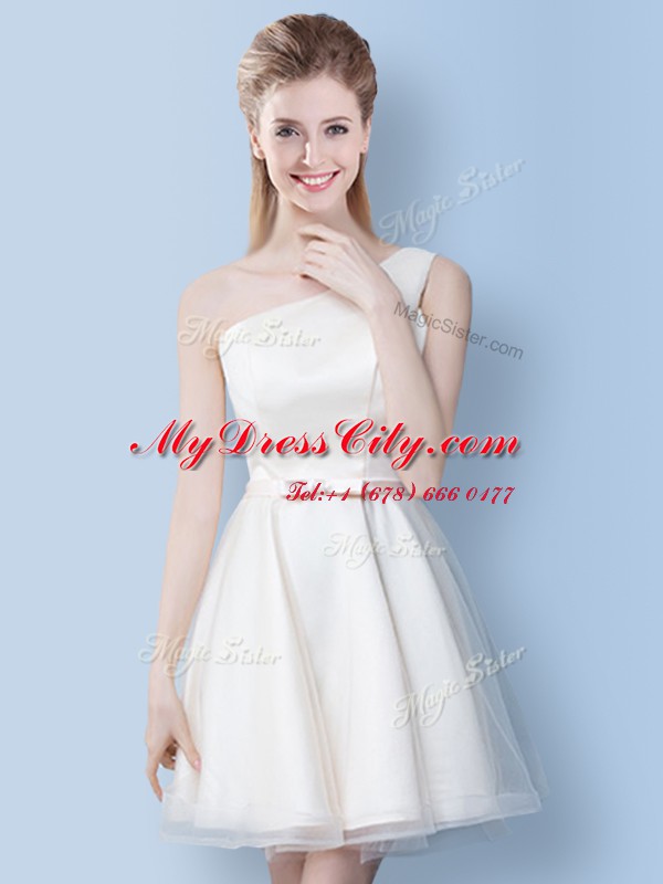 Spectacular One Shoulder White Tulle Lace Up Quinceanera Court Dresses Sleeveless Knee Length Bowknot