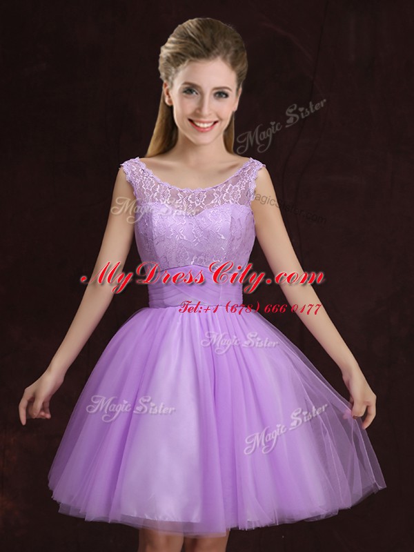 Scoop Sleeveless Mini Length Lace and Ruching Lace Up Court Dresses for Sweet 16 with Lilac