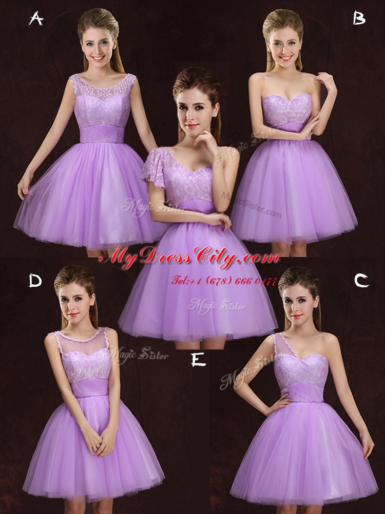 Scoop Sleeveless Mini Length Lace and Ruching Lace Up Court Dresses for Sweet 16 with Lilac