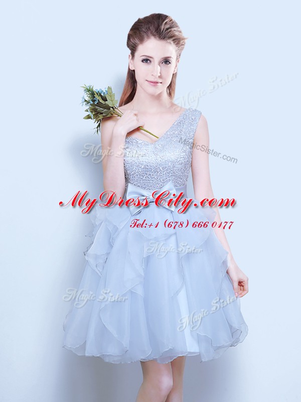 Extravagant One Shoulder Organza Sleeveless Mini Length Bridesmaid Dress and Lace and Ruffles and Bowknot