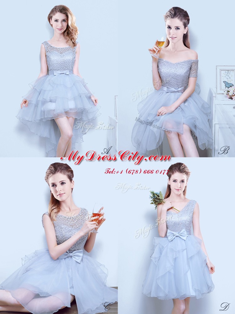 Extravagant One Shoulder Organza Sleeveless Mini Length Bridesmaid Dress and Lace and Ruffles and Bowknot