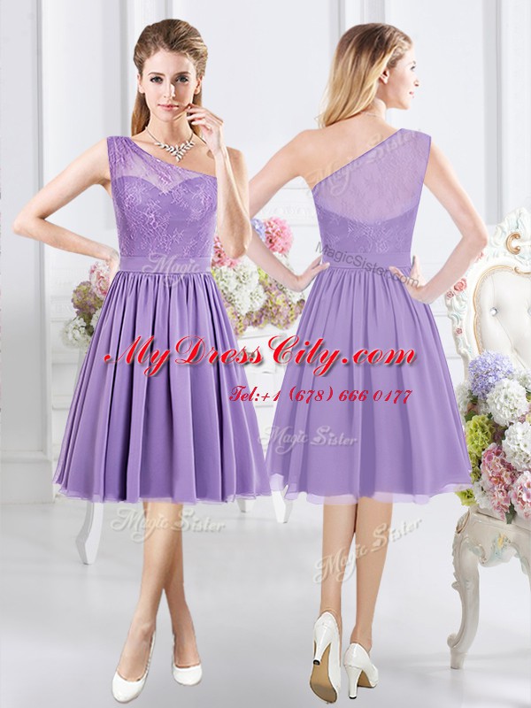 Lavender Chiffon Side Zipper One Shoulder Sleeveless Knee Length Bridesmaids Dress Lace