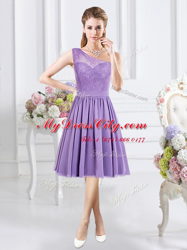 Lavender Chiffon Side Zipper One Shoulder Sleeveless Knee Length Bridesmaids Dress Lace