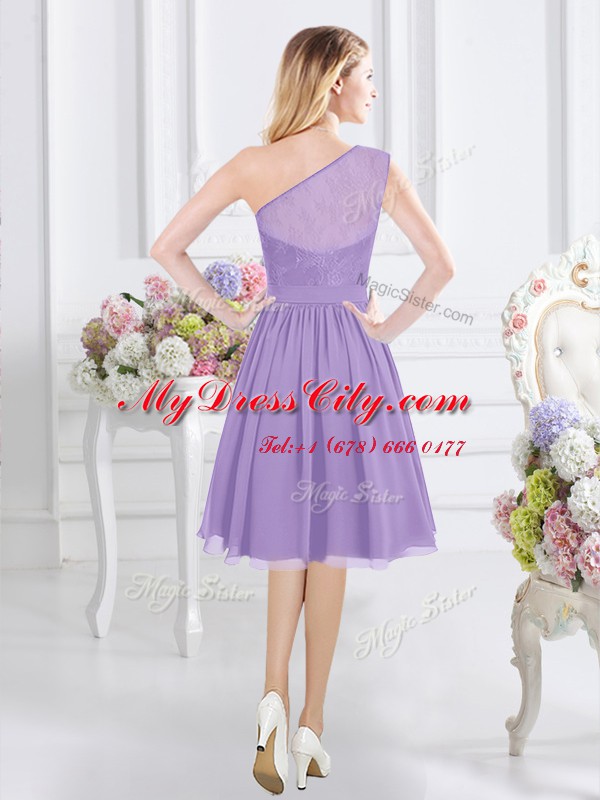 Lavender Chiffon Side Zipper One Shoulder Sleeveless Knee Length Bridesmaids Dress Lace