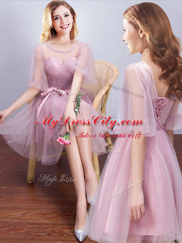 Pink Court Dresses for Sweet 16 Prom and Party and Wedding Party and For with Ruching and Bowknot Scoop Half Sleeves Lace Up