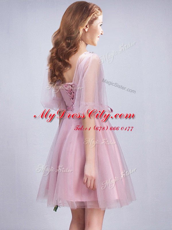 Pink Court Dresses for Sweet 16 Prom and Party and Wedding Party and For with Ruching and Bowknot Scoop Half Sleeves Lace Up