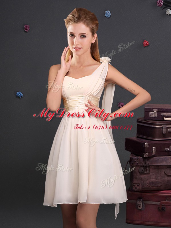 Modern One Shoulder Champagne Sleeveless Ruching and Hand Made Flower Mini Length Wedding Guest Dresses