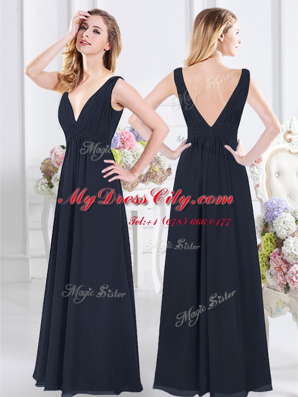 Edgy Sleeveless Floor Length Ruching Backless Bridesmaid Gown with Navy Blue