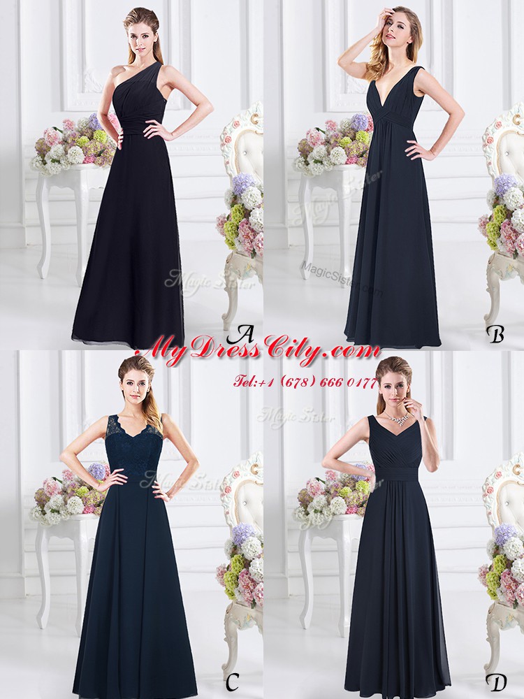 Edgy Sleeveless Floor Length Ruching Backless Bridesmaid Gown with Navy Blue