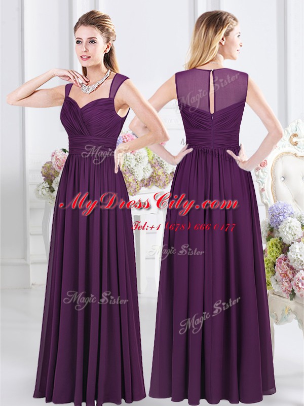 Straps Sleeveless Dama Dress Floor Length Ruching Purple Chiffon