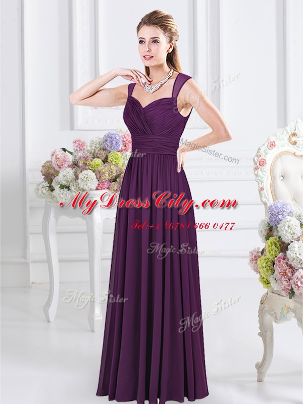 Straps Sleeveless Dama Dress Floor Length Ruching Purple Chiffon