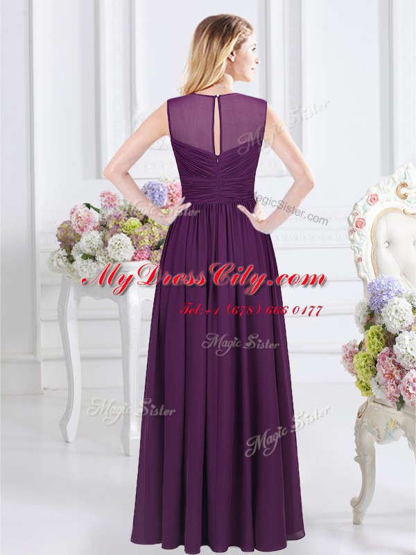 Straps Sleeveless Dama Dress Floor Length Ruching Purple Chiffon