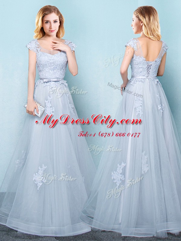 Lovely Scoop Light Blue Cap Sleeves Tulle Lace Up Court Dresses for Sweet 16 for Prom and Party and Wedding Party