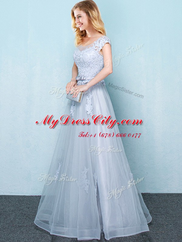 Lovely Scoop Light Blue Cap Sleeves Tulle Lace Up Court Dresses for Sweet 16 for Prom and Party and Wedding Party