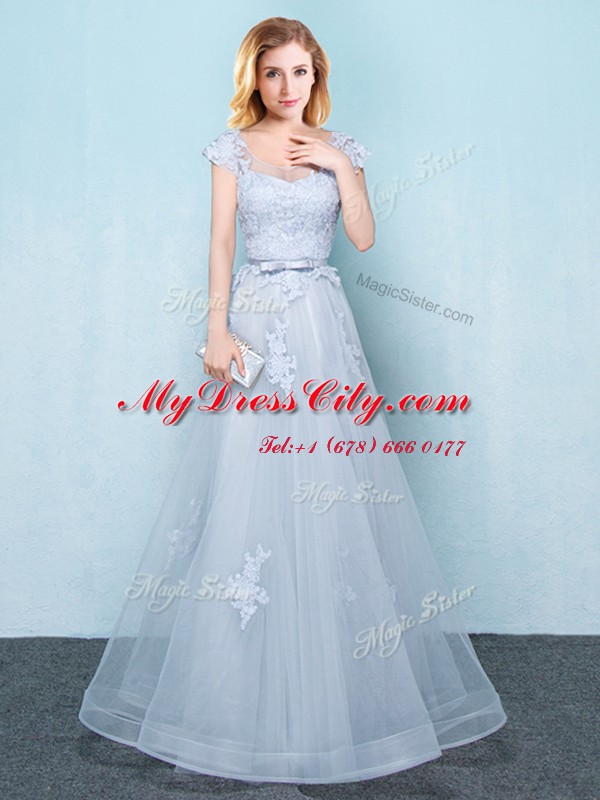 Lovely Scoop Light Blue Cap Sleeves Tulle Lace Up Court Dresses for Sweet 16 for Prom and Party and Wedding Party