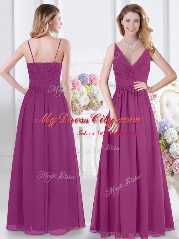 Low Price Fuchsia Empire Chiffon V-neck Sleeveless Ruching Floor Length Zipper Wedding Guest Dresses