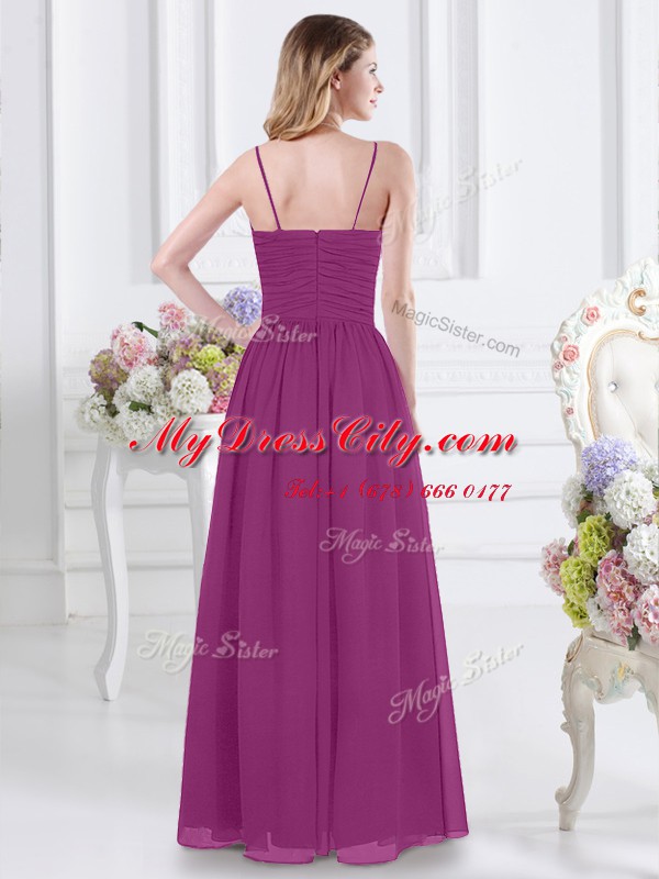 Low Price Fuchsia Empire Chiffon V-neck Sleeveless Ruching Floor Length Zipper Wedding Guest Dresses