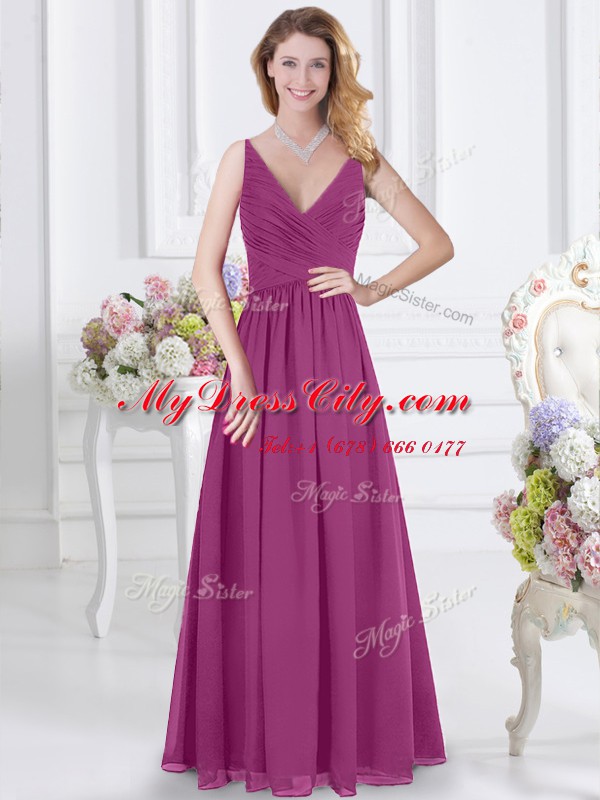 Low Price Fuchsia Empire Chiffon V-neck Sleeveless Ruching Floor Length Zipper Wedding Guest Dresses