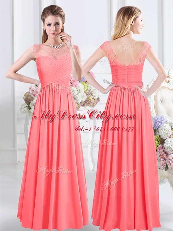 Sleeveless Zipper Floor Length Lace and Ruching Dama Dress for Quinceanera