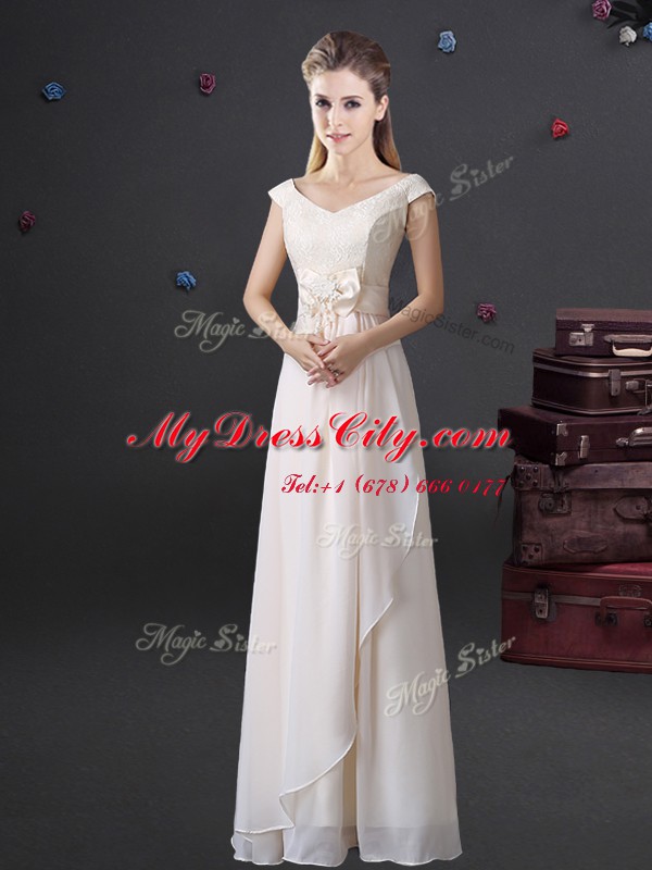 Floor Length White Bridesmaid Gown V-neck Cap Sleeves Zipper