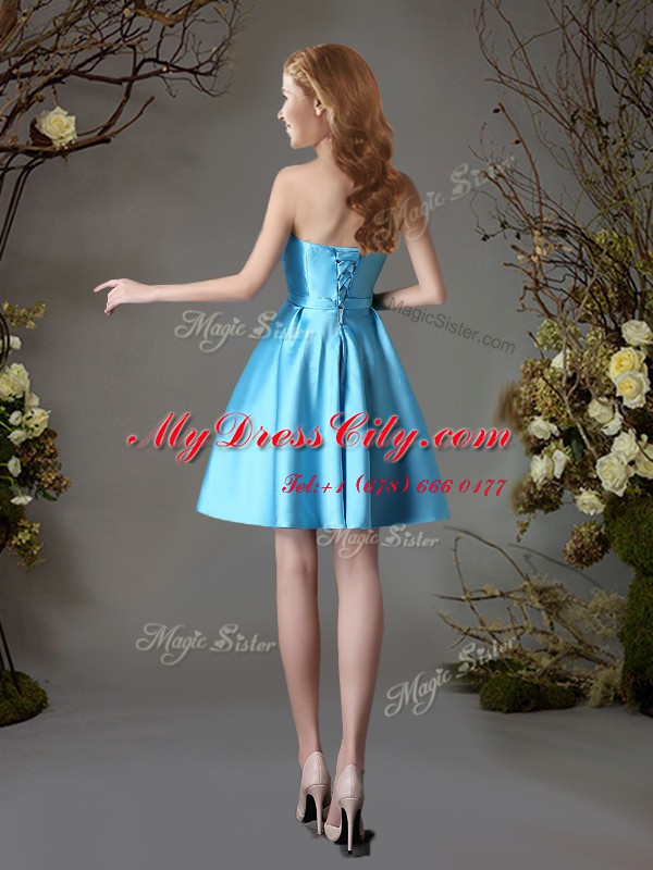 Edgy Strapless Sleeveless Satin Wedding Guest Dresses Appliques and Bowknot Lace Up