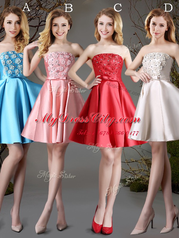 Edgy Strapless Sleeveless Satin Wedding Guest Dresses Appliques and Bowknot Lace Up