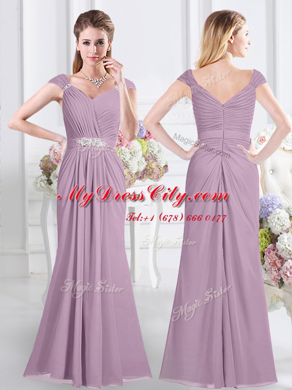 Adorable Lavender Quinceanera Dama Dress Prom and Party and Wedding Party and For with Beading and Ruching Sweetheart Cap Sleeves Zipper