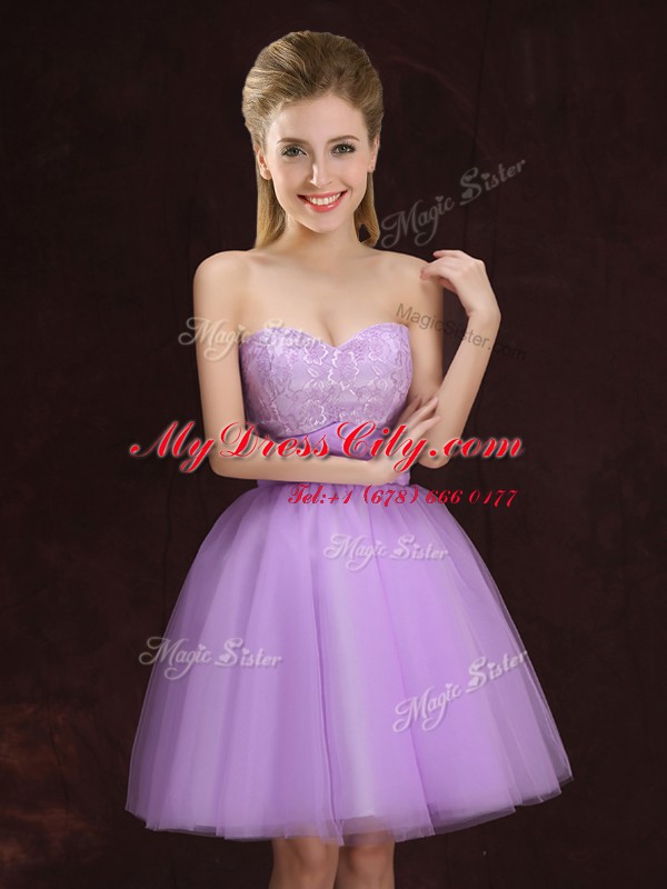 A-line Bridesmaid Gown Lilac Sweetheart Tulle Sleeveless Mini Length Lace Up