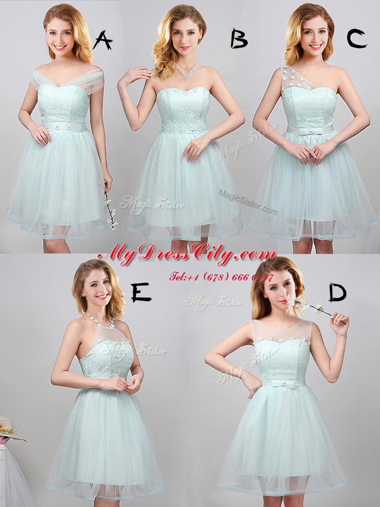 Sleeveless Tulle Mini Length Lace Up Bridesmaid Dresses in Apple Green with Lace and Appliques