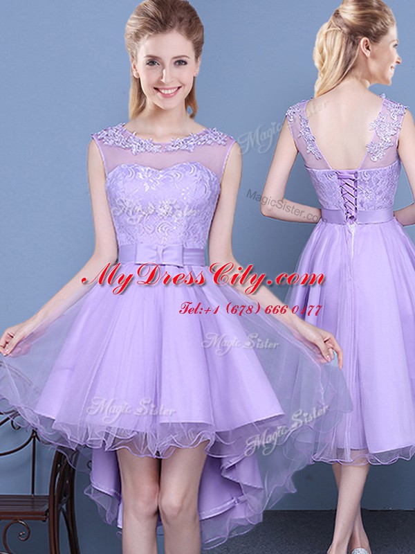 Custom Made Lavender Sleeveless Taffeta and Tulle Lace Up Bridesmaid Dresses for Prom and Party and Wedding Party