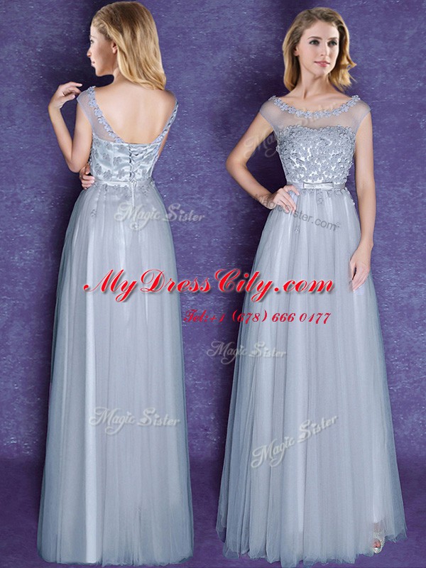 Adorable Grey Lace Up Scoop Appliques and Bowknot Quinceanera Dama Dress Tulle Cap Sleeves