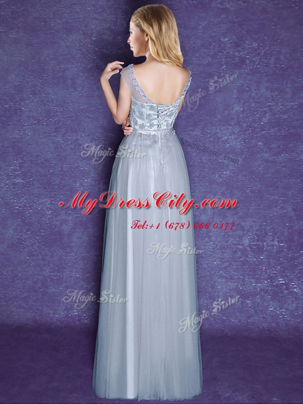 Adorable Grey Lace Up Scoop Appliques and Bowknot Quinceanera Dama Dress Tulle Cap Sleeves