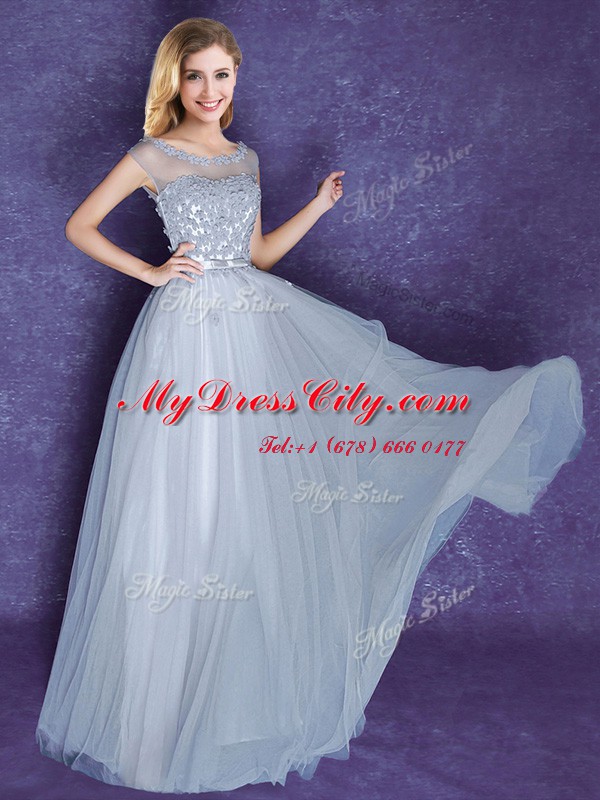 Adorable Grey Lace Up Scoop Appliques and Bowknot Quinceanera Dama Dress Tulle Cap Sleeves