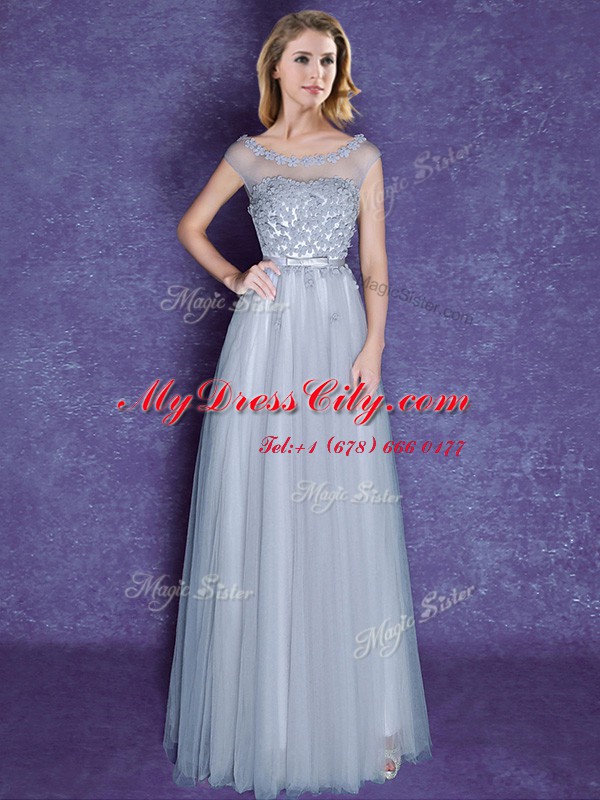 Adorable Grey Lace Up Scoop Appliques and Bowknot Quinceanera Dama Dress Tulle Cap Sleeves