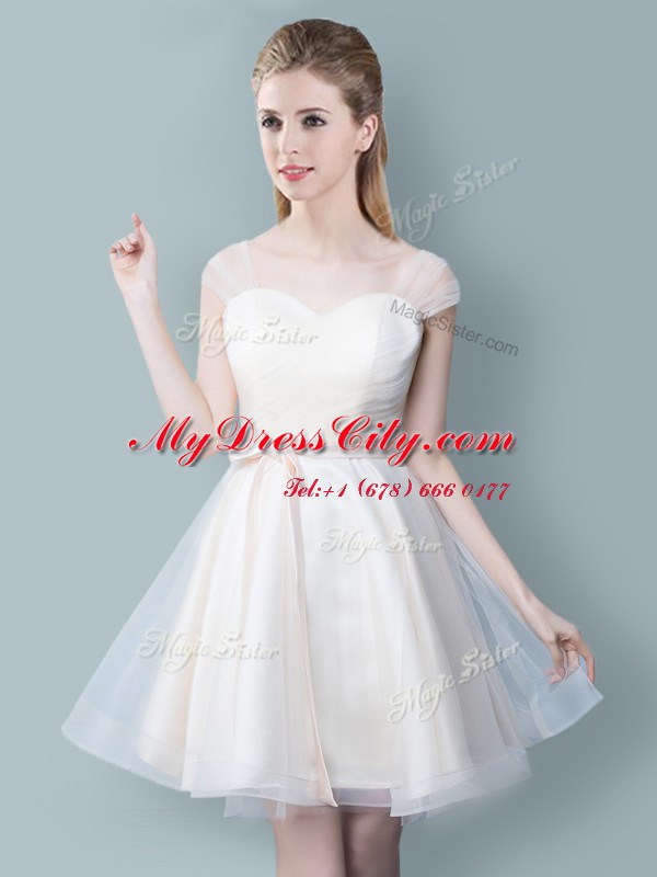 Luxurious Straps Cap Sleeves Tulle Knee Length Zipper Quinceanera Dama Dress in Champagne with Ruching and Bowknot