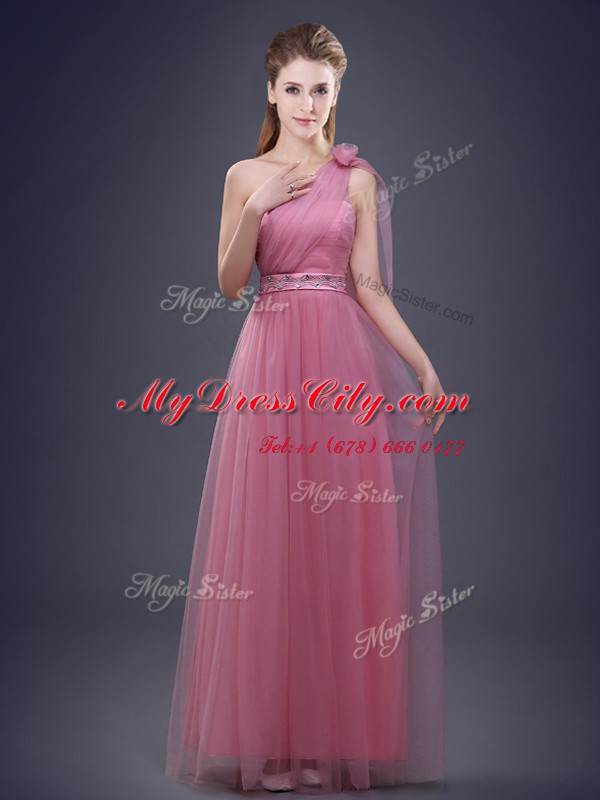 Pink One Shoulder Neckline Beading and Ruching and Hand Made Flower Quinceanera Court Dresses Sleeveless Lace Up