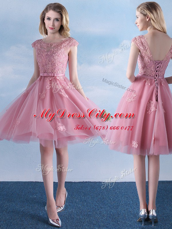 Sweet Scoop Appliques and Belt Vestidos de Damas Pink Lace Up Cap Sleeves Knee Length