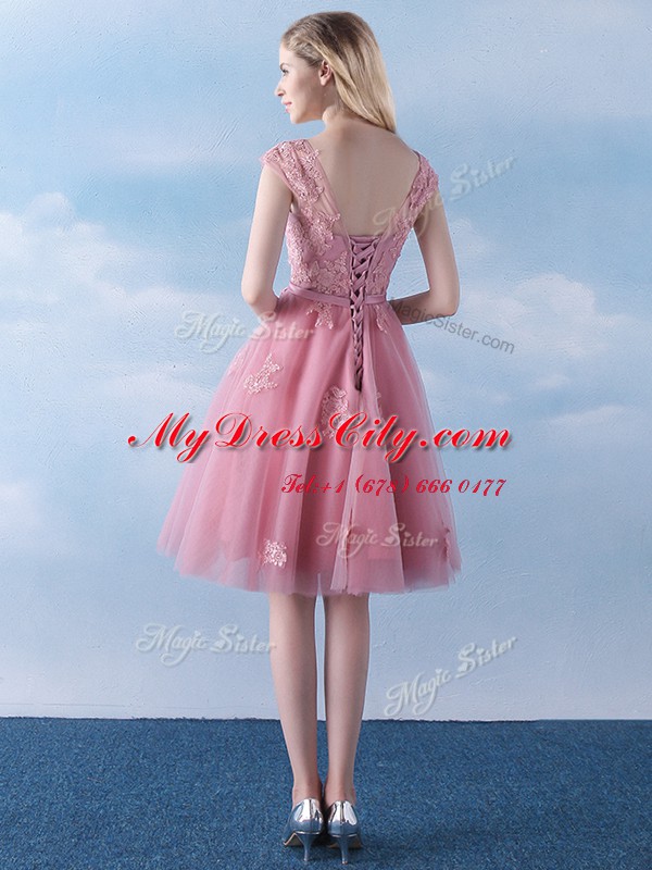 Sweet Scoop Appliques and Belt Vestidos de Damas Pink Lace Up Cap Sleeves Knee Length