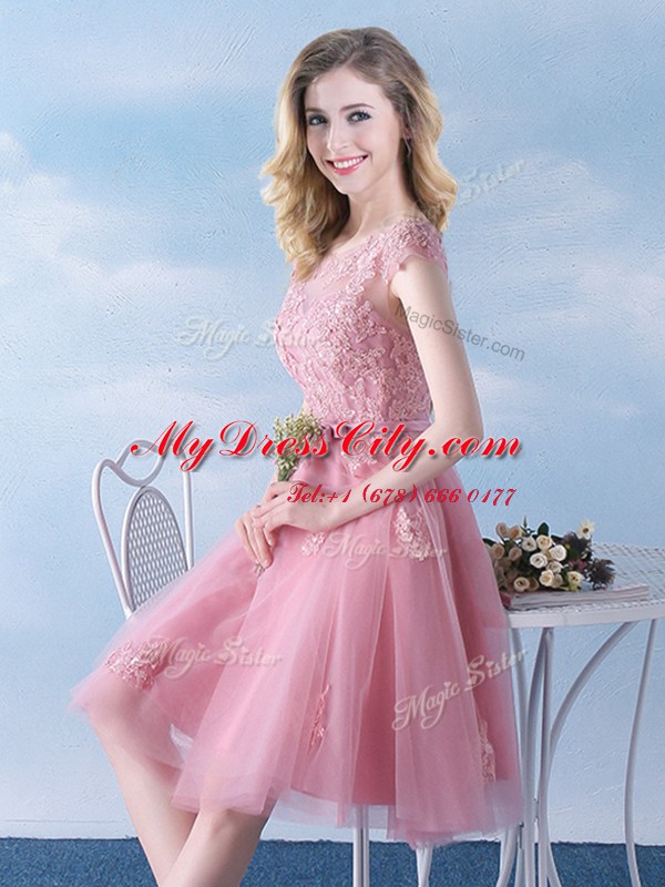 Sweet Scoop Appliques and Belt Vestidos de Damas Pink Lace Up Cap Sleeves Knee Length