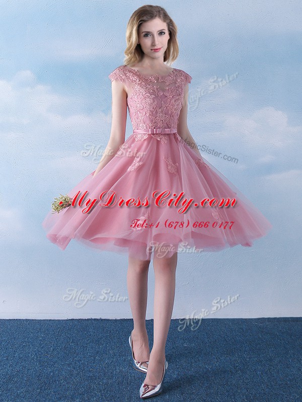 Sweet Scoop Appliques and Belt Vestidos de Damas Pink Lace Up Cap Sleeves Knee Length